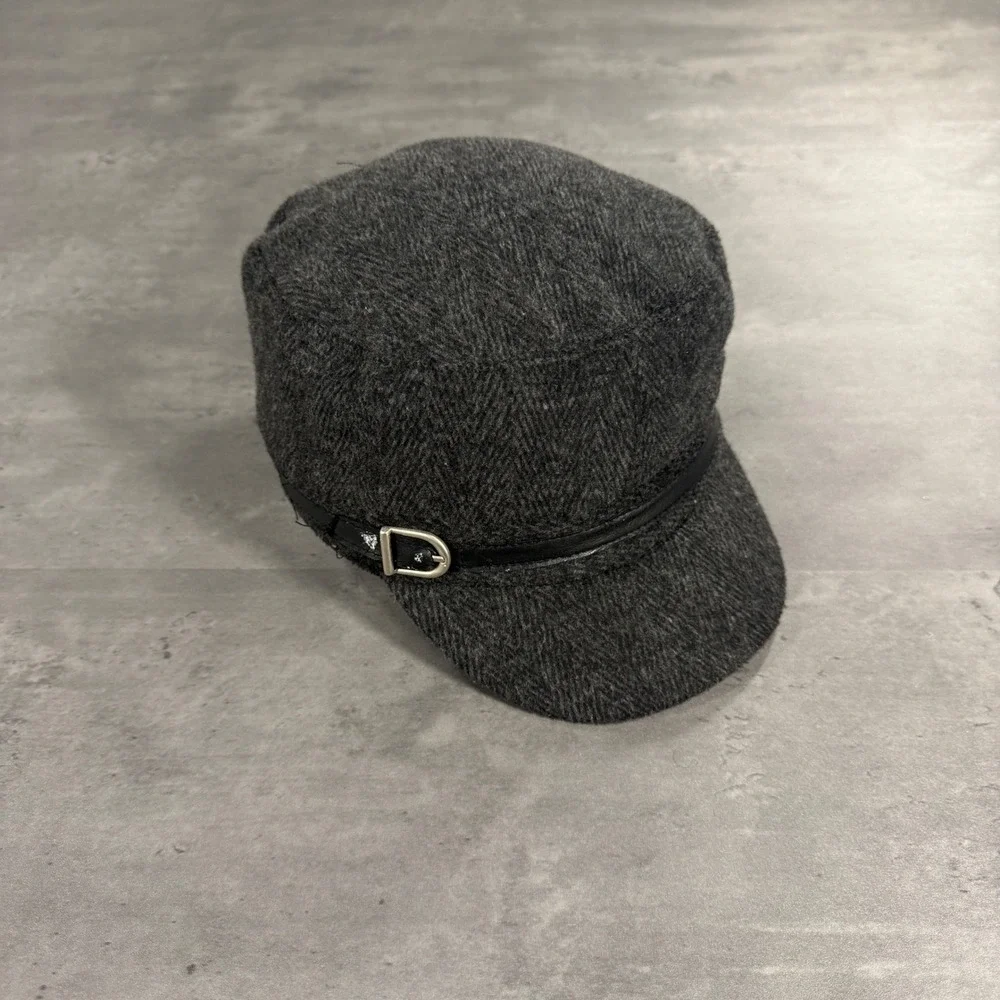 Cadet Hat Women OS Black Gray Herringbone Faux Leather Buckle Military Cap